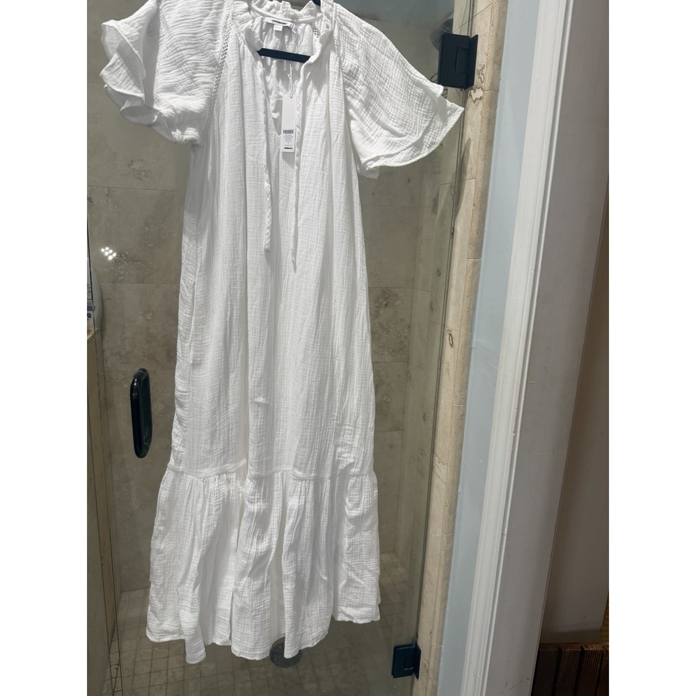 Chico's White Gauzy Flutter Sleeve Maxi Dress Sz 1 Alabaster Cotton Pockets NWT